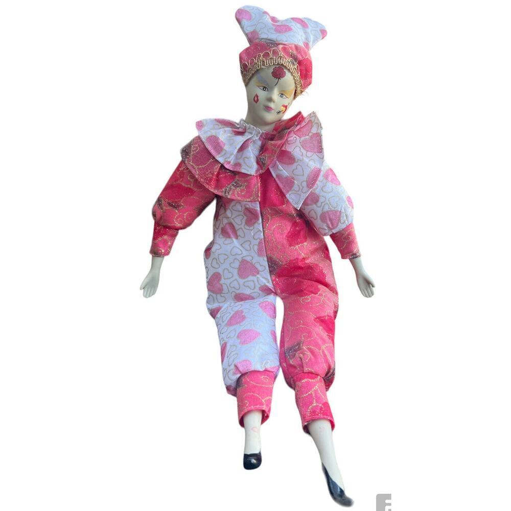 -CLOWN PORCELAIN Sugar Loaf Harlequin Mardi Gras Jester Classic Red Heart 17"